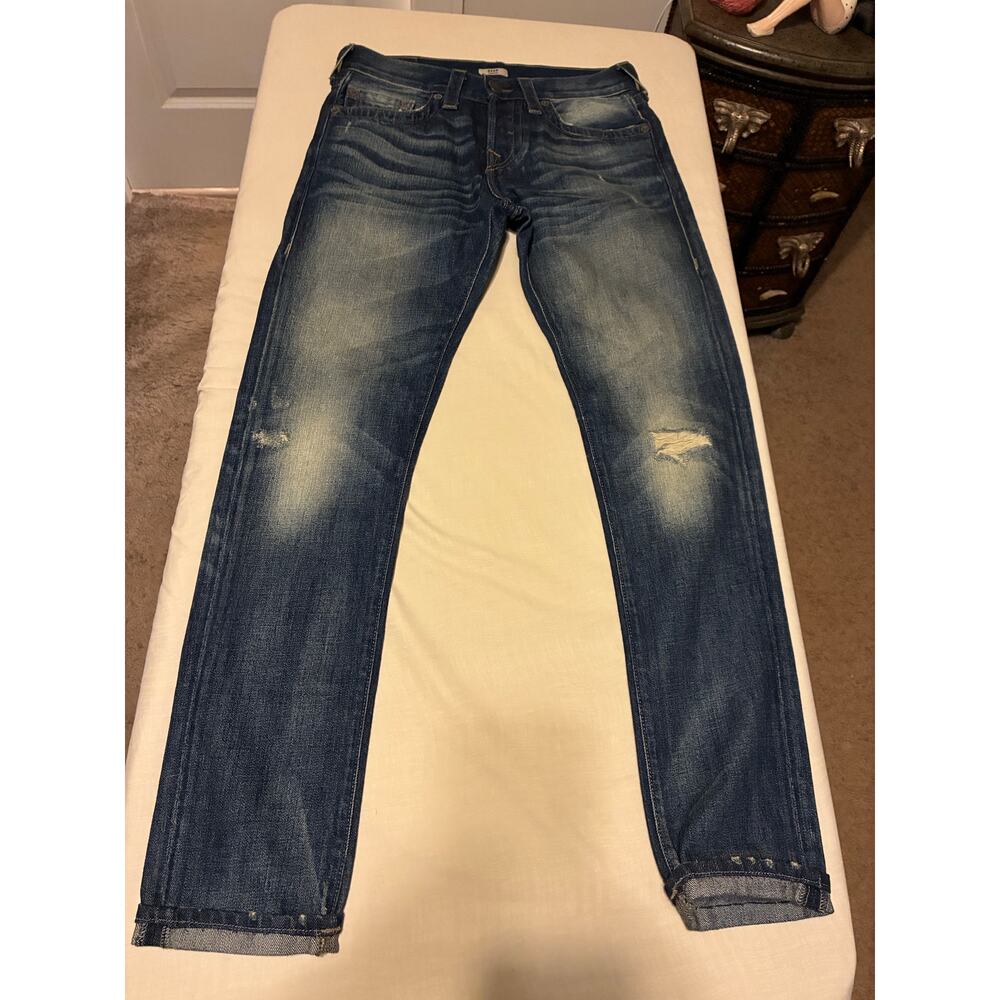 True Religion Dean Tapered Jeans Mens 28 Made USA Distressed Slim Blue Denim